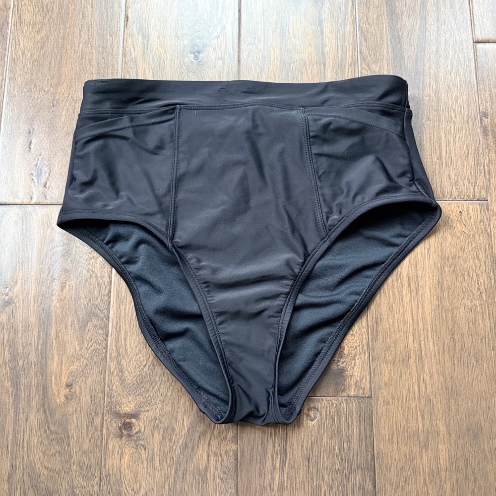Kona Sol Bikini Bottoms Women Medium Black EUC High Waist Tummy Control Pocket